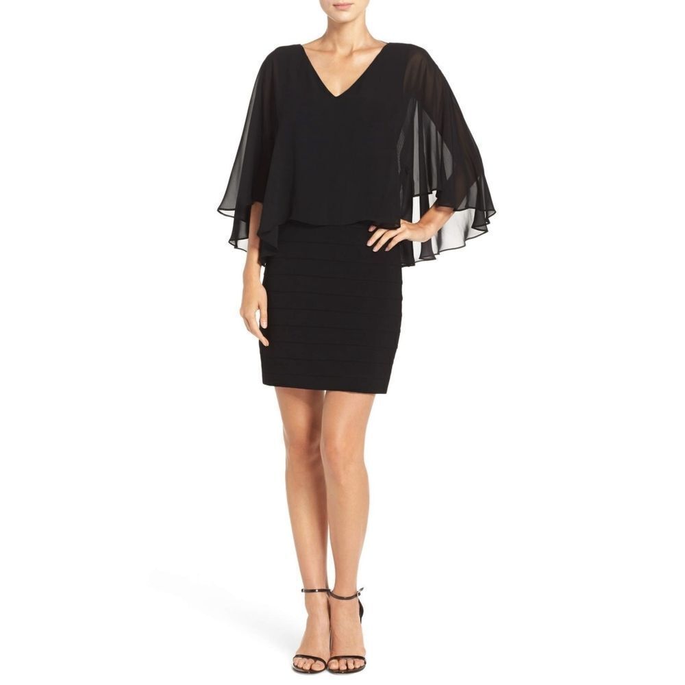 New! ADRIANNA PAPELL Women's Chiffon Capelet Black Dress Size 8